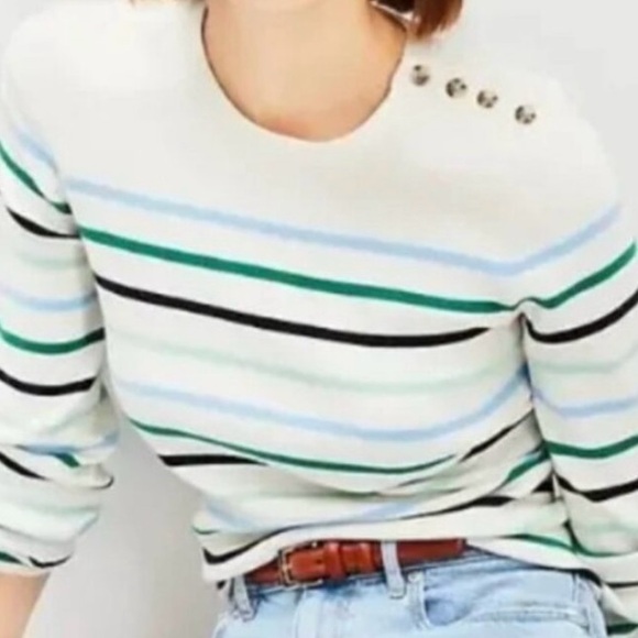 LOFT XS Striped White Crew Neck Sweater Fitted with button shoulder women - Picture 1 of 5